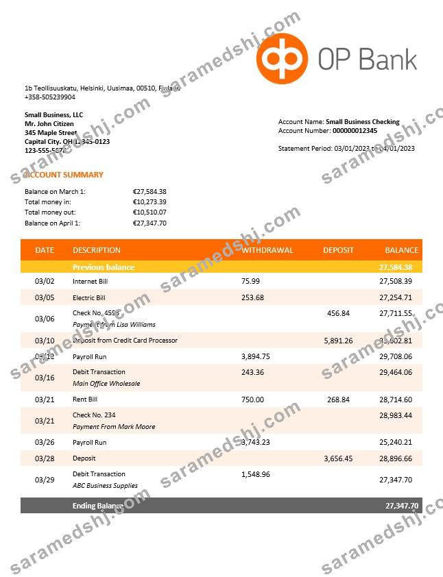 OP Bank company account statement Word and PDF template